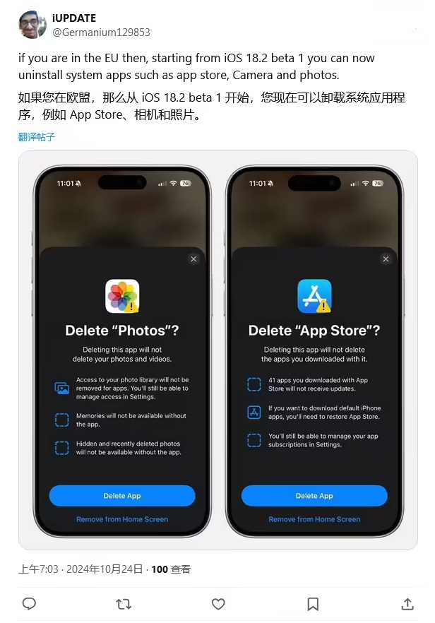 镇巴苹果手机维修分享iOS 18.2 支持删除 App Store 应用商店 